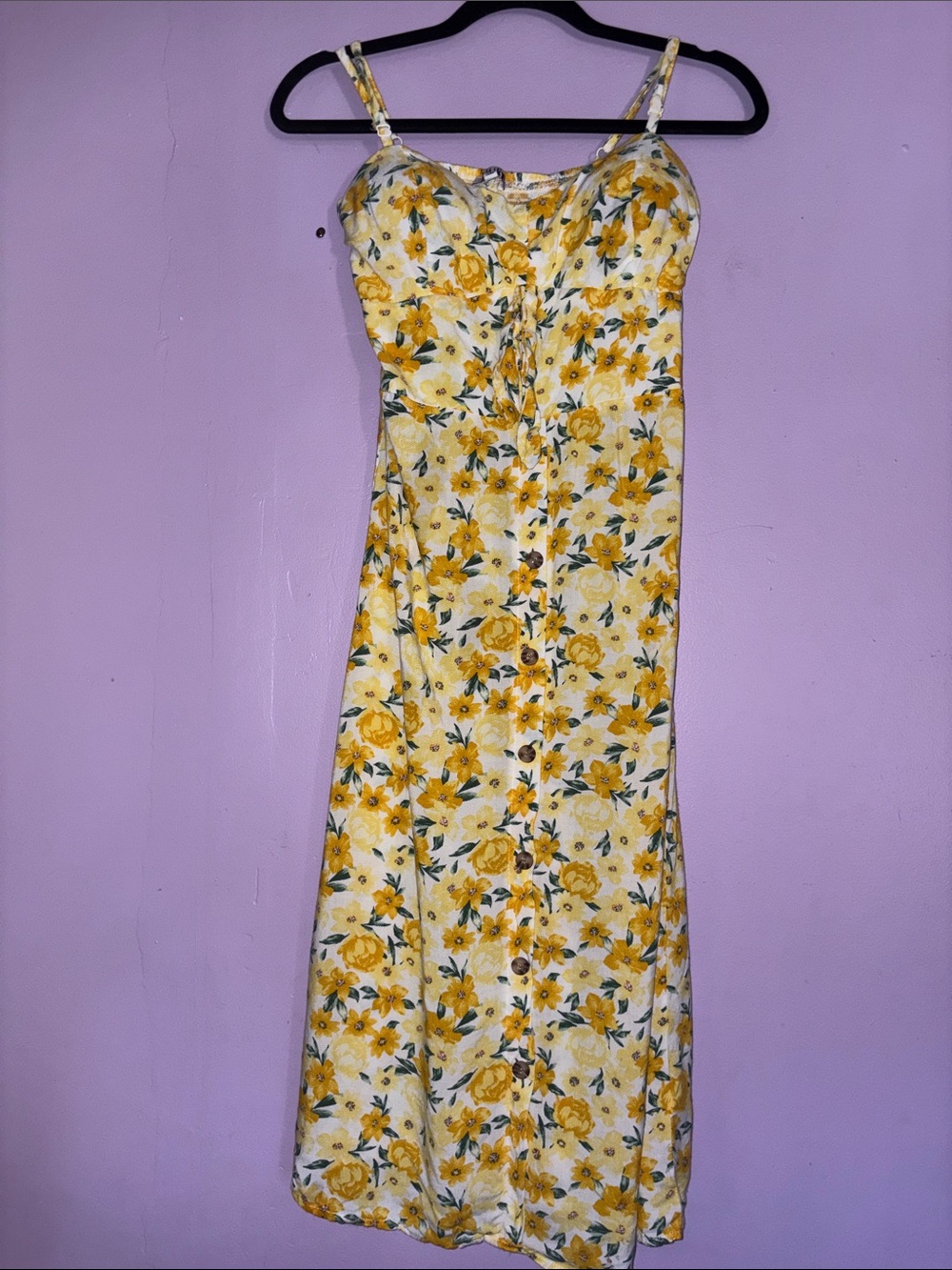 AUW Yellow Floral Button-Front Midi Dress
